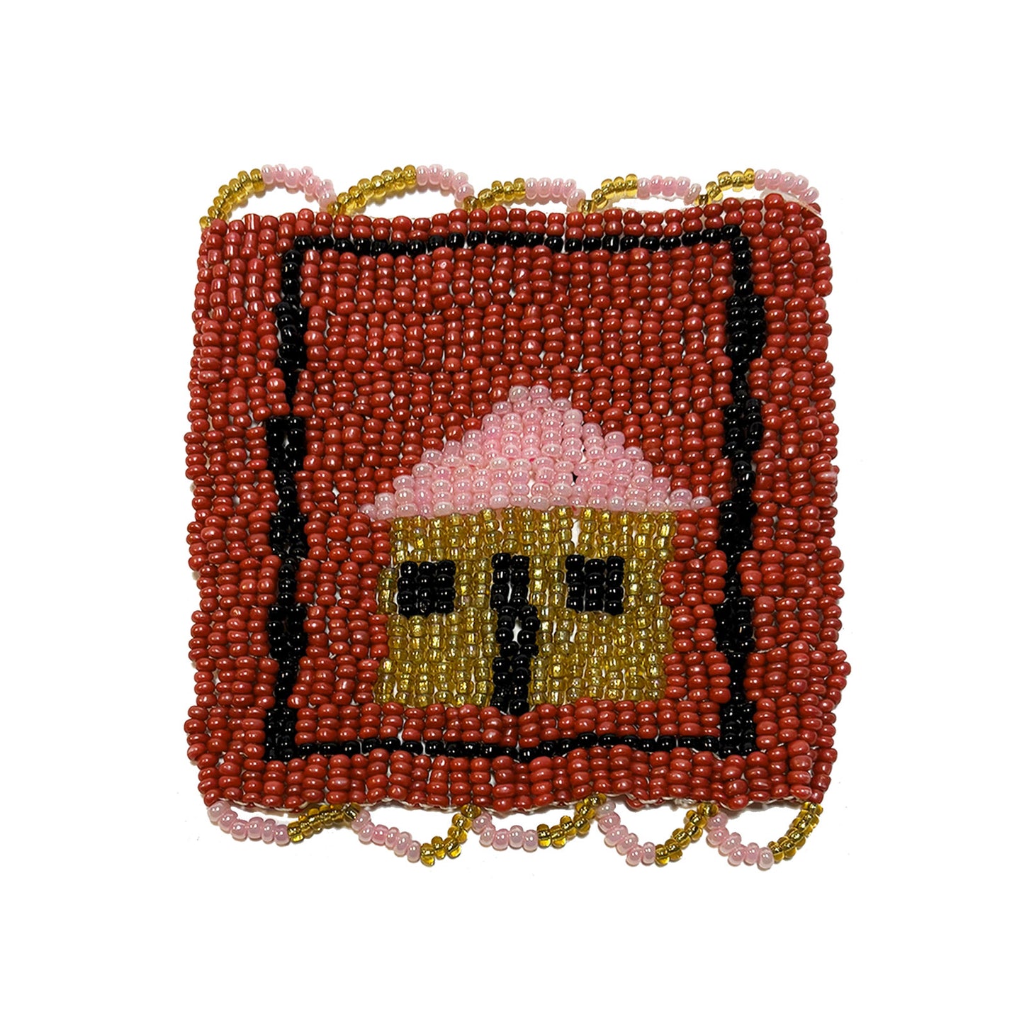 Sottobicchiere rosso con casetta ocra e rosa