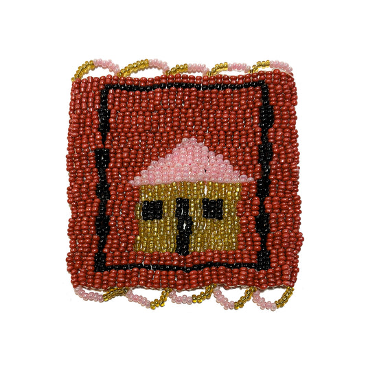 Sottobicchiere rosso con casetta ocra e rosa