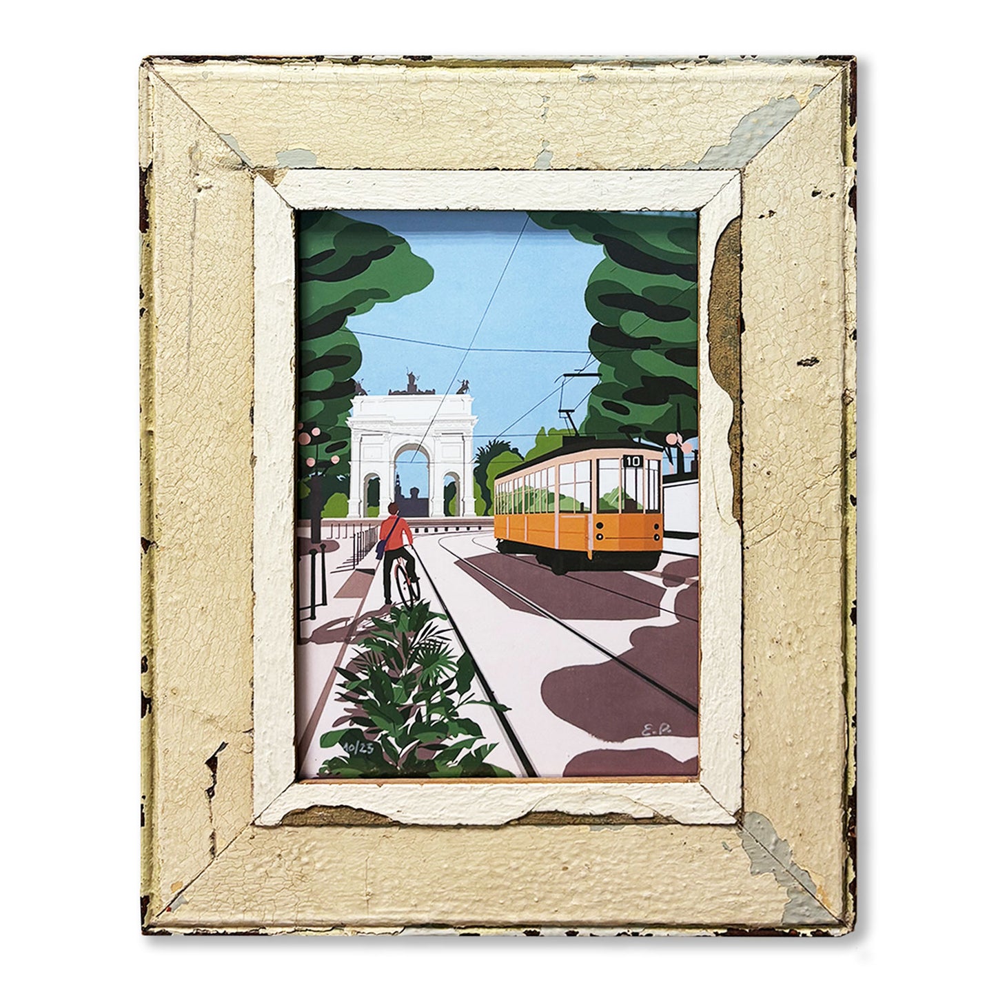 Cornice in legno con illustrazione tram e arco della pace a Milano