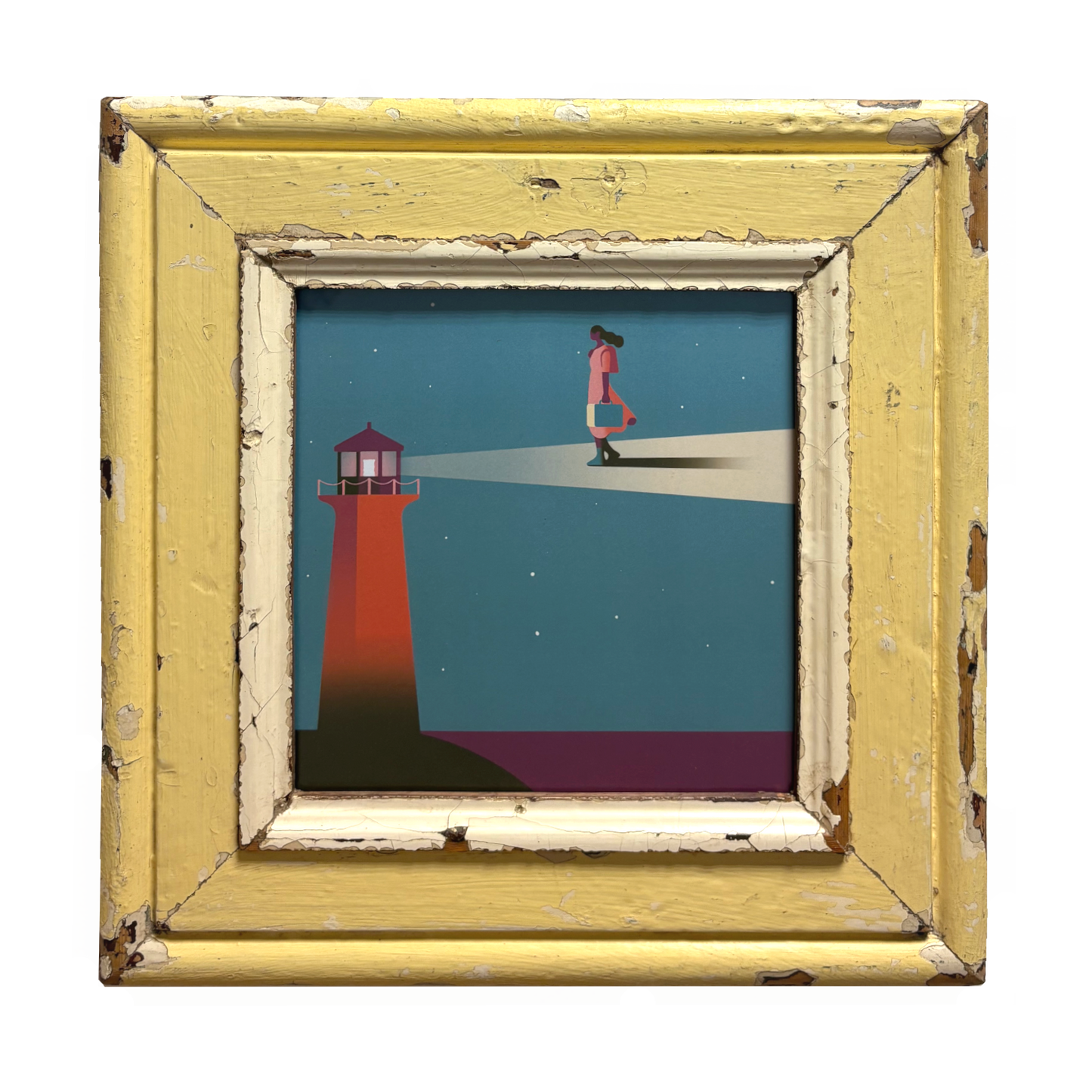 Cornice quadrata gialla con opera con faro