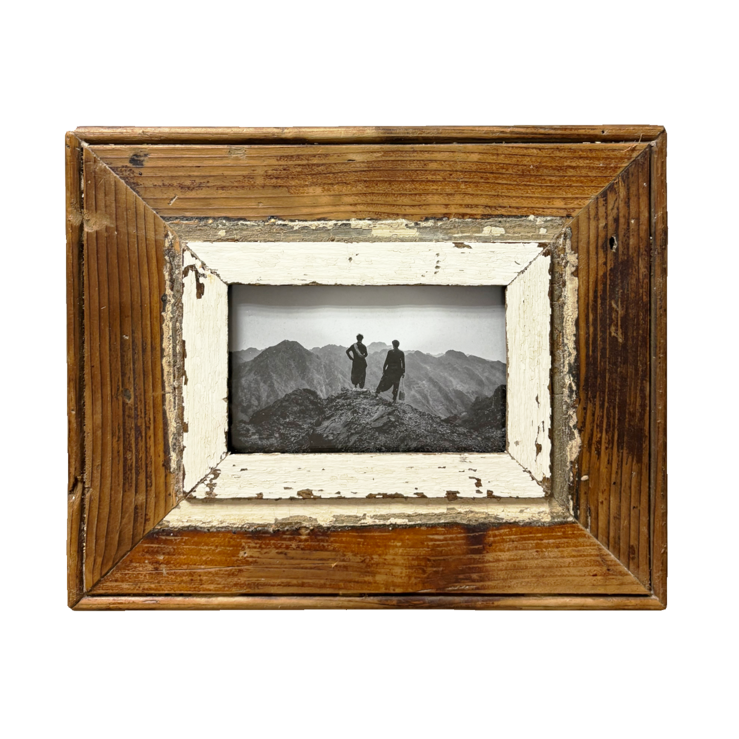 Fotografia in bianco e nero di due figure in controluce su vetta montana, in cornice artigianale di legno recuperato Cape Town, 23x28cm Cape Best