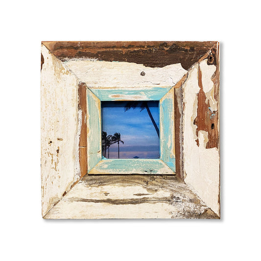 Immagine formato polaroid spiaggia a colori in cornice in legni antichi dal Sudafrica