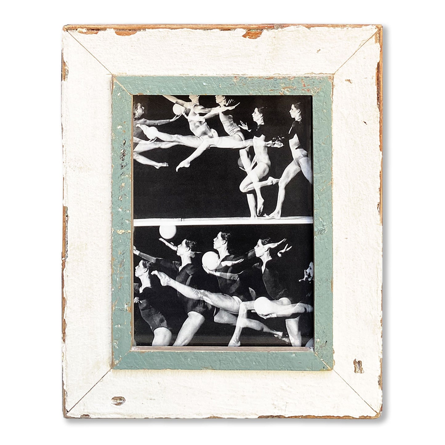 Arreda il tuo spazio con il suo design sostenibile e sportivo. Cornice in legno antico bianco e azzuro.