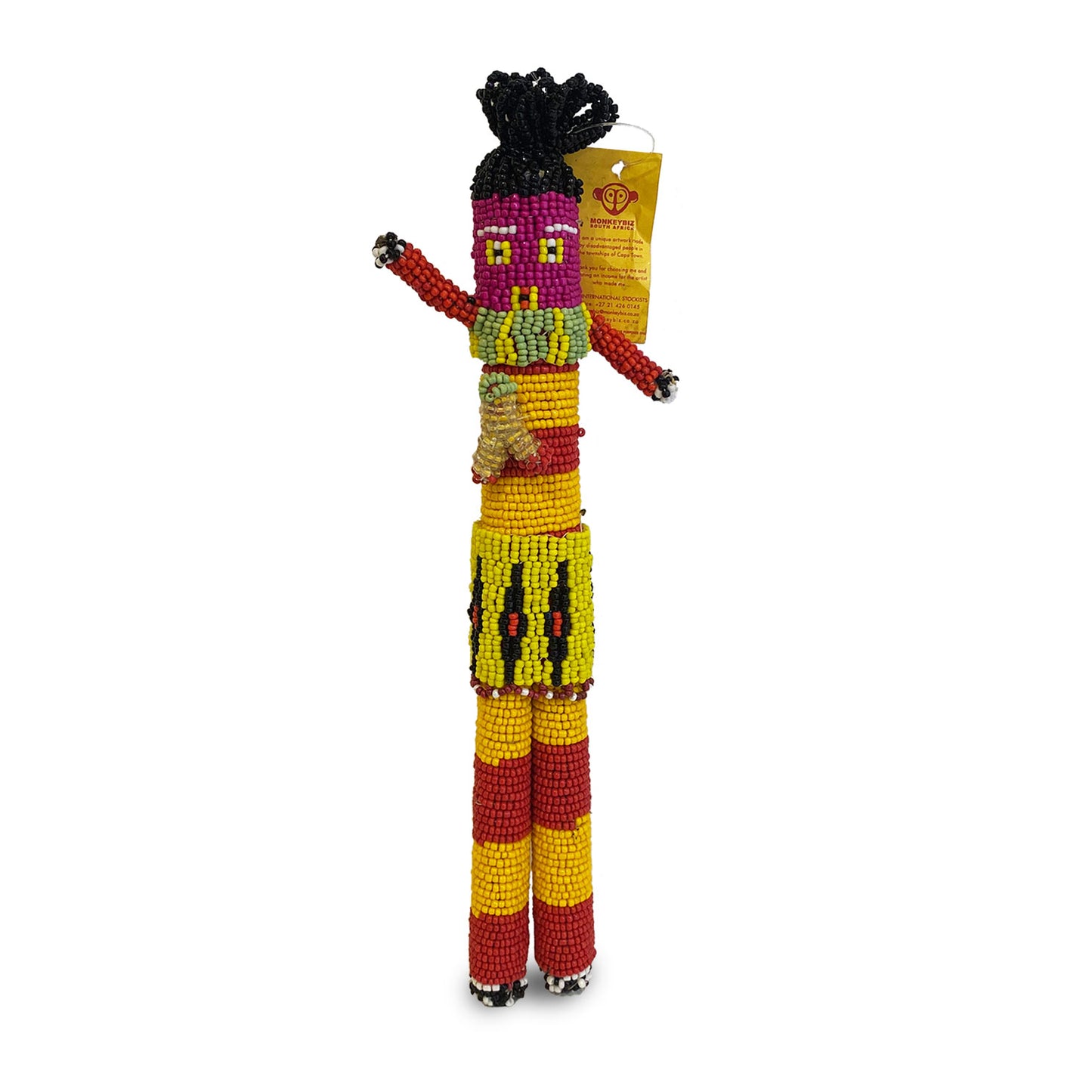 Bambola in perline realizzata a mano gialla e rossa