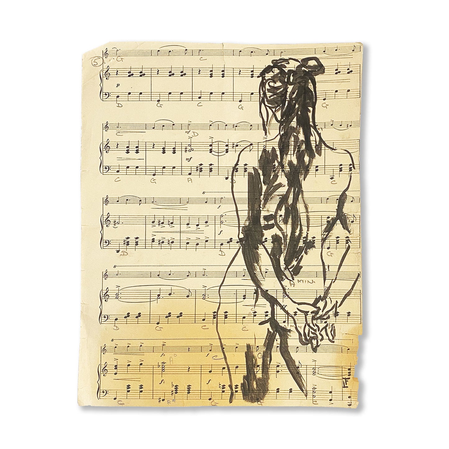Figura femminile disegnata su spartito musicale. Lisette artista sduafricana, pezzo unico