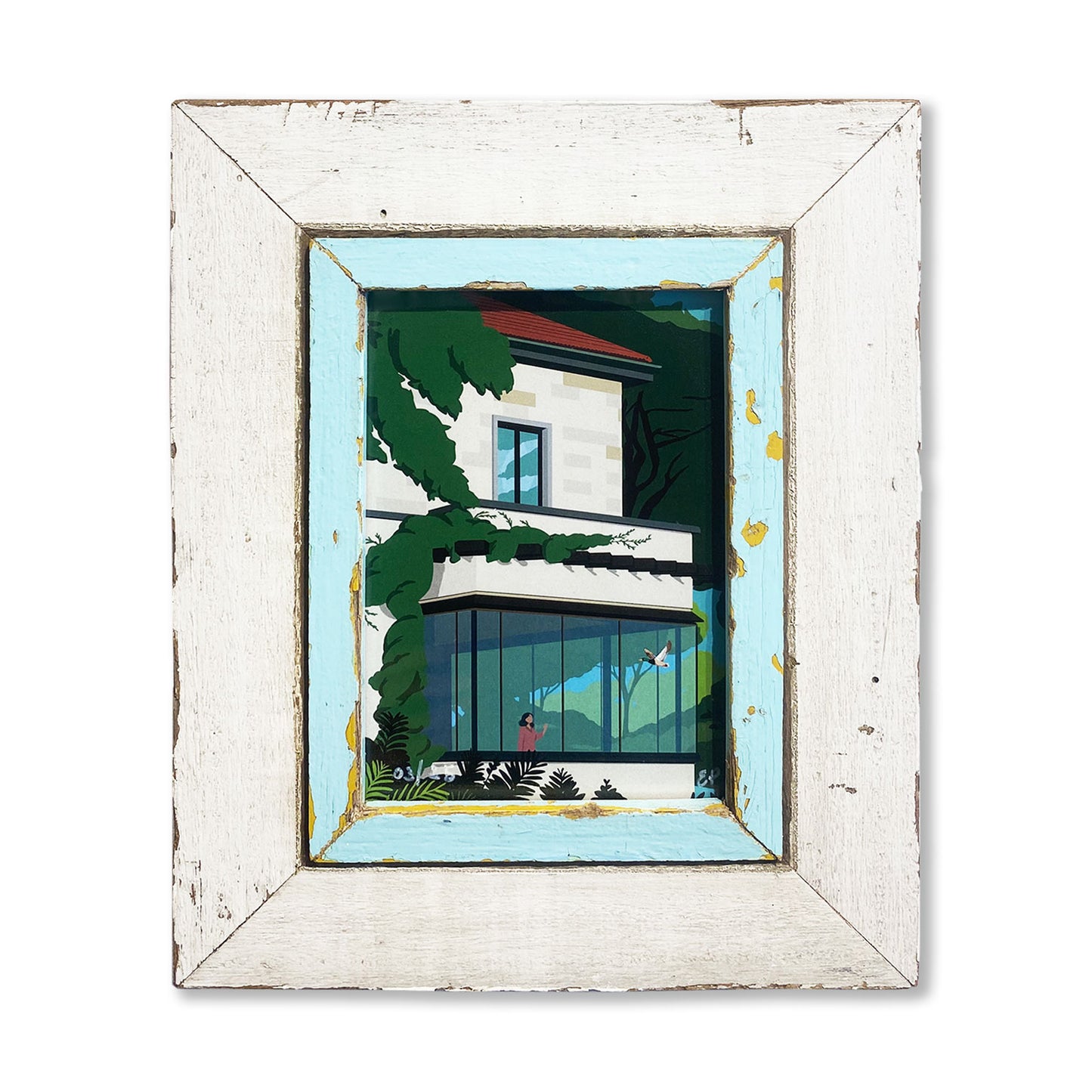 Cornice pezzo unico bianca e azzurra con opera illustratrice Elisa Pugielli Villa Necchi 