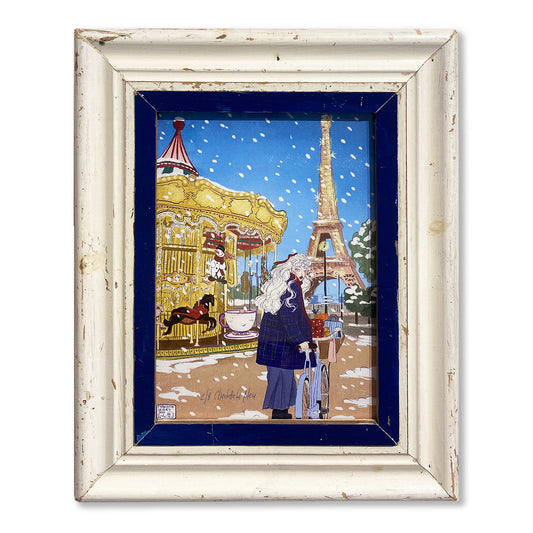 Cornice unica bianca e blu con illustrazione di Parigi sotto la neve.