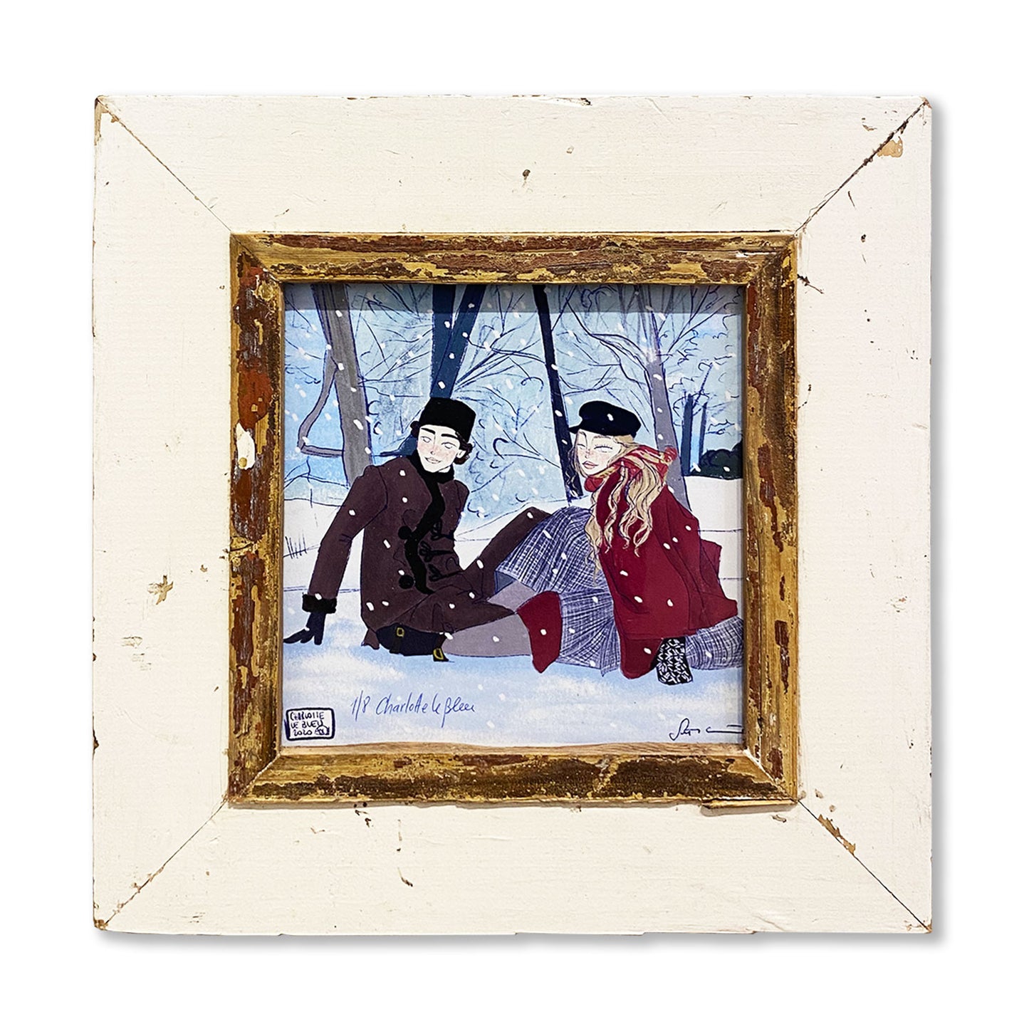 Cornice con illustrazione coppia sotto la neve dimensione quadrata A4
