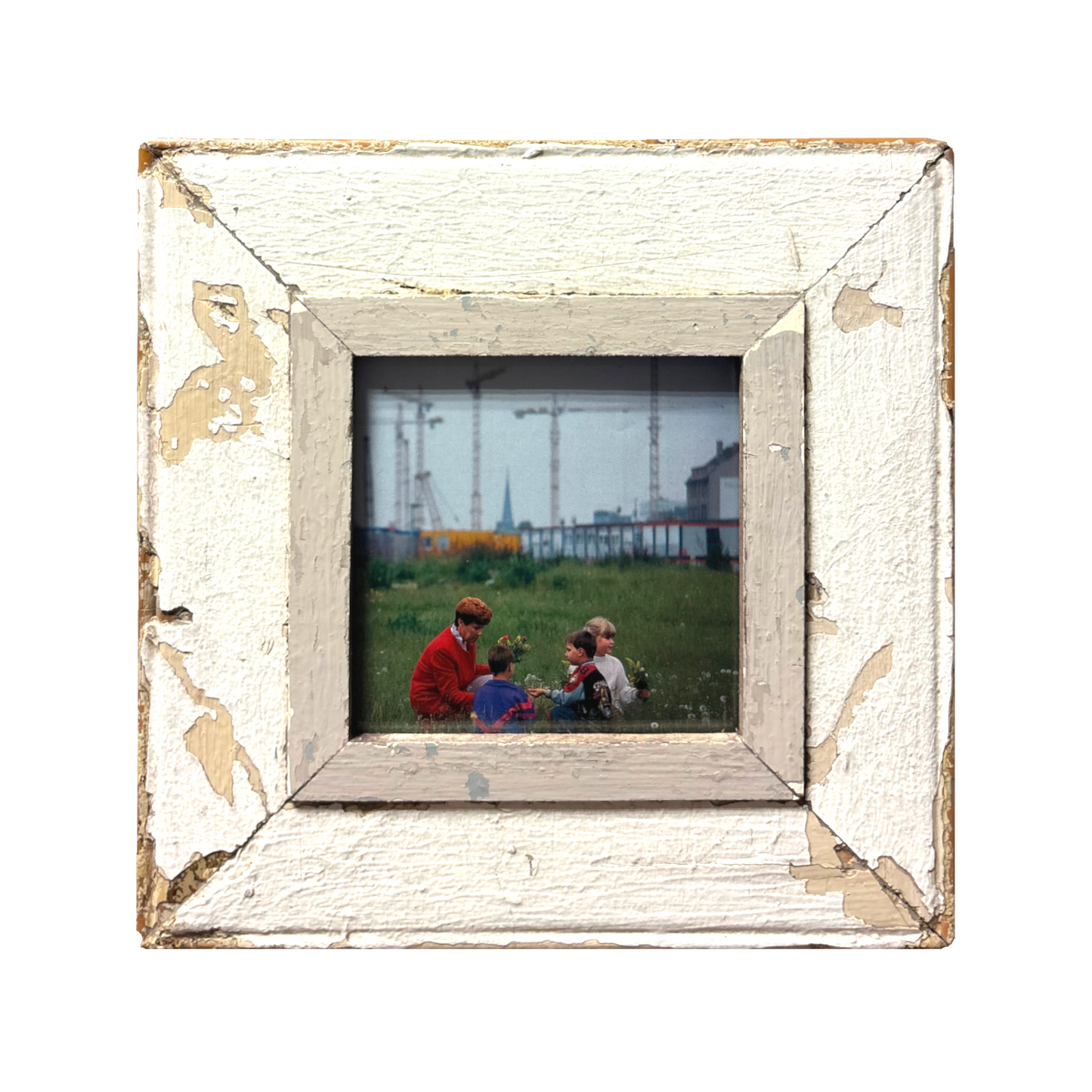 Cornice bianca e grigia quadrata in legno antico