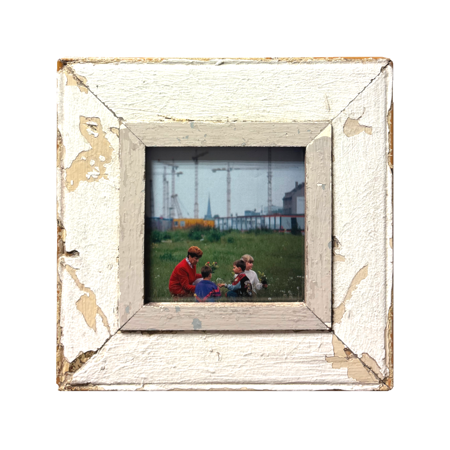 Cornice bianca e grigia quadrata in legno antico