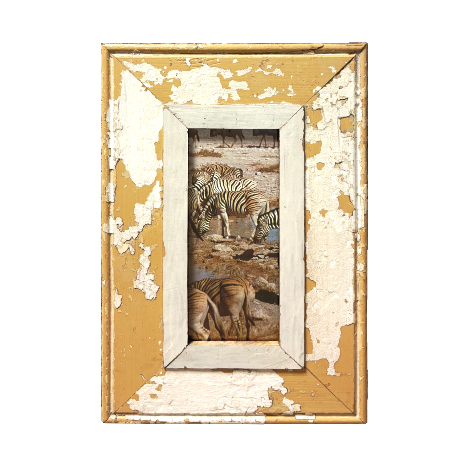 Cornice giallo ocra con bianco scrostato 23x34 cm