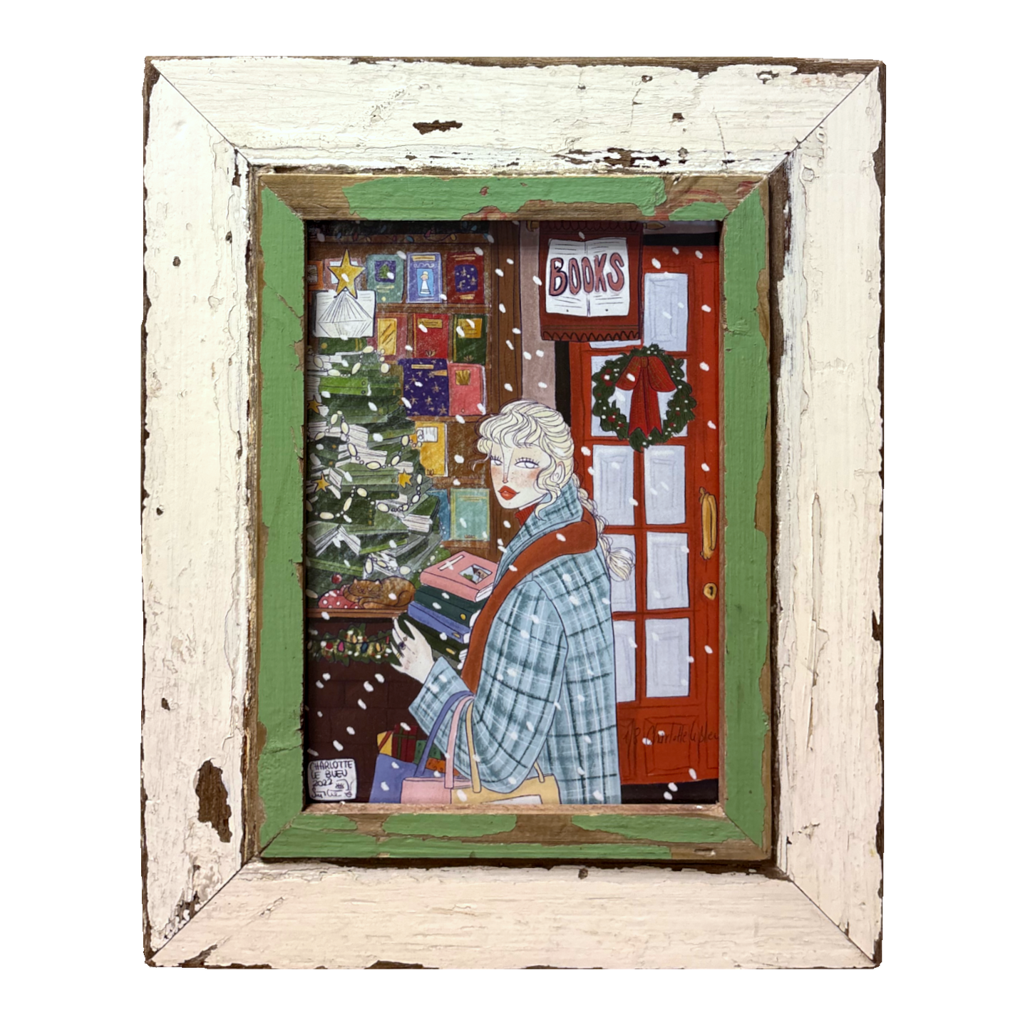 Cornice in Legno Recuperato con Illustrazione "Bookstore" | Charlotte LeBleu