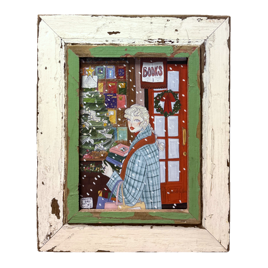 Cornice in Legno Recuperato con Illustrazione "Bookstore" | Charlotte LeBleu