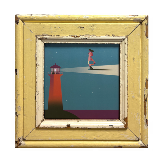 Cornice quadrata gialla con opera con faro