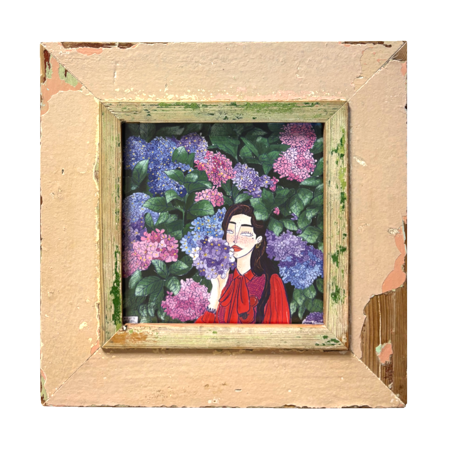 Cornice verde e bianca con illustrazione a tema Ortensie. Idea regalo ecosostenibile 