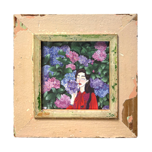 Cornice verde e bianca con illustrazione a tema Ortensie. Idea regalo ecosostenibile 