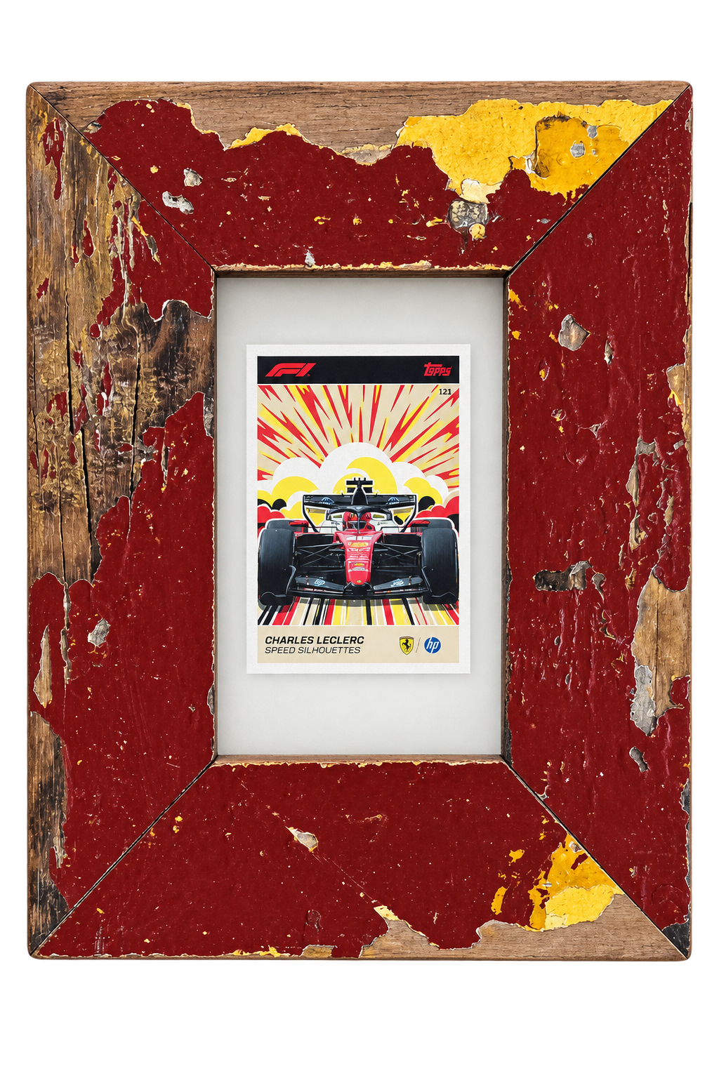 Cornice in legno recuperato con card Topps F1 Turbo Attax 2026 di Charles Leclerc
