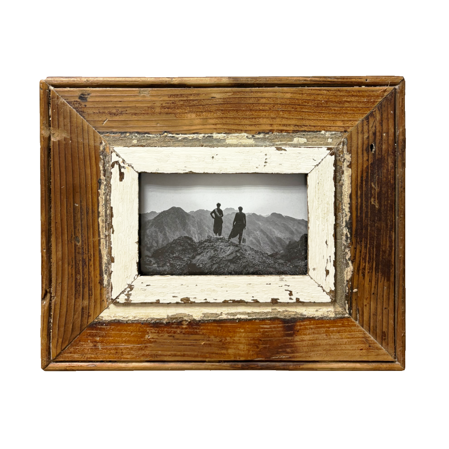 Fotografia in bianco e nero di due figure in controluce su vetta montana, in cornice artigianale di legno recuperato Cape Town, 23x28cm  Cape Best