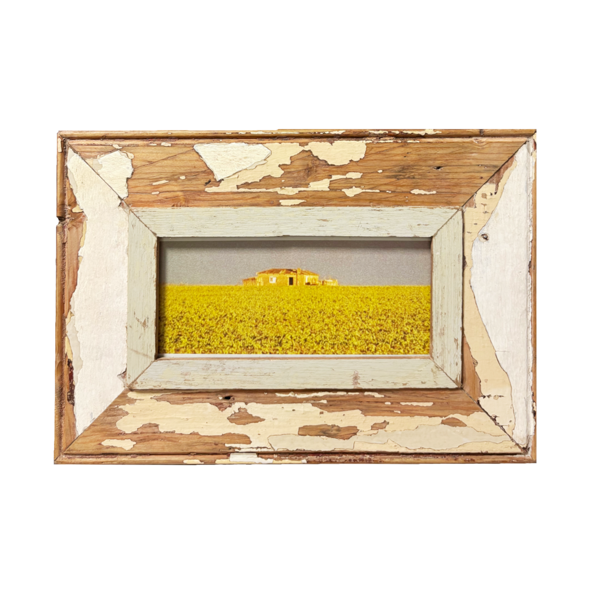 Cornice rustica in legno avorio-miele scrostato con passe-partout grigio-salvia e veduta di casa colonica gialla circondata da coltivazioni, cielo grigio — arredo paesaggistico 34×23 cm