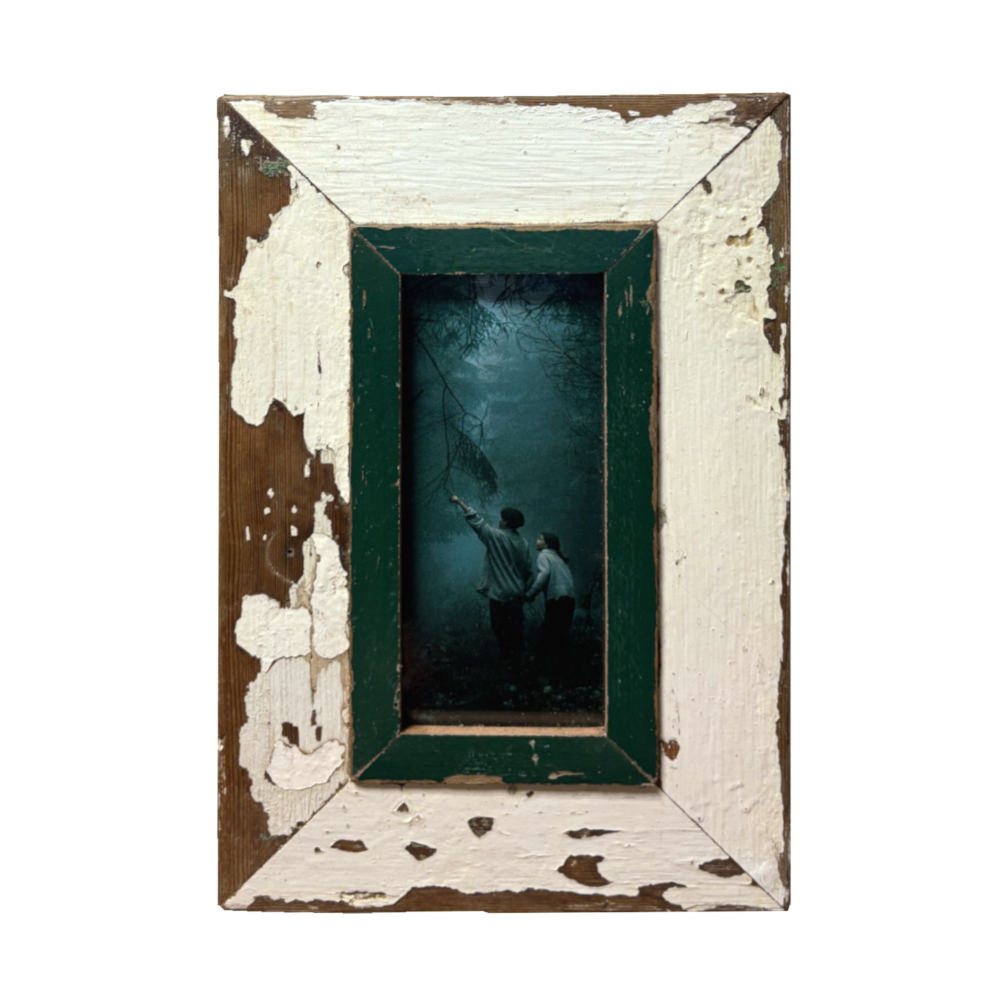Portafoto bianco e verde 23x34 in legno recuperato