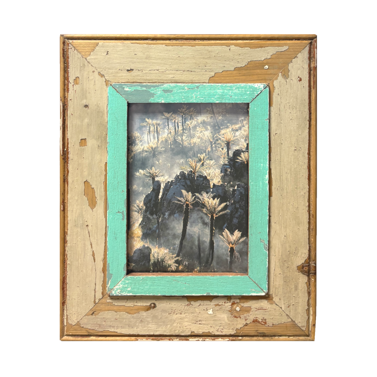Giungla di palmizi nebbiosa con raggi solari dorati, cornice avorio scrostata da Cape Town, passe-partout verde chiaro, atmosfera onirica Boho Chic 