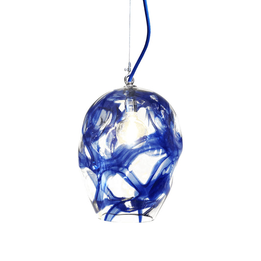 Lampada in vetro soffiato riciclato blu con cavo azzurro