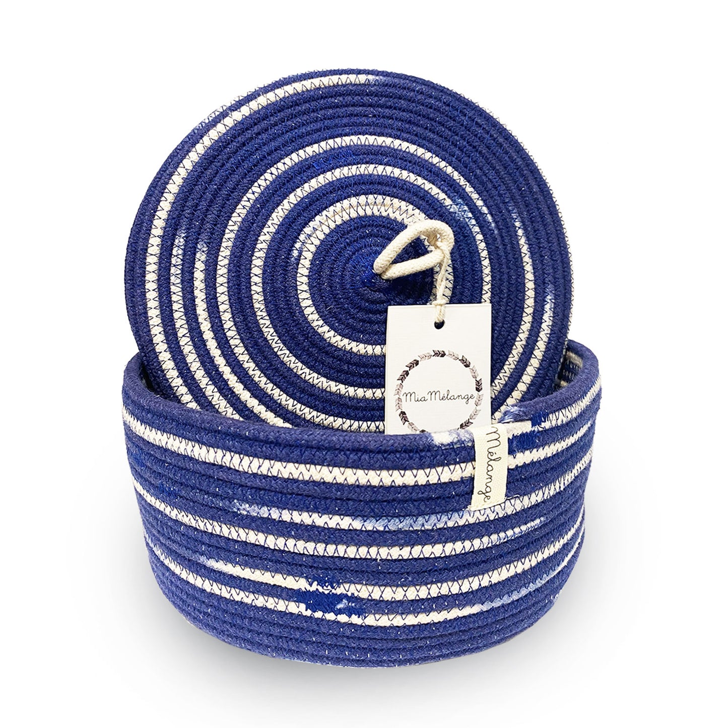 Ciotola in corda con coperchio blu realizzata a mano