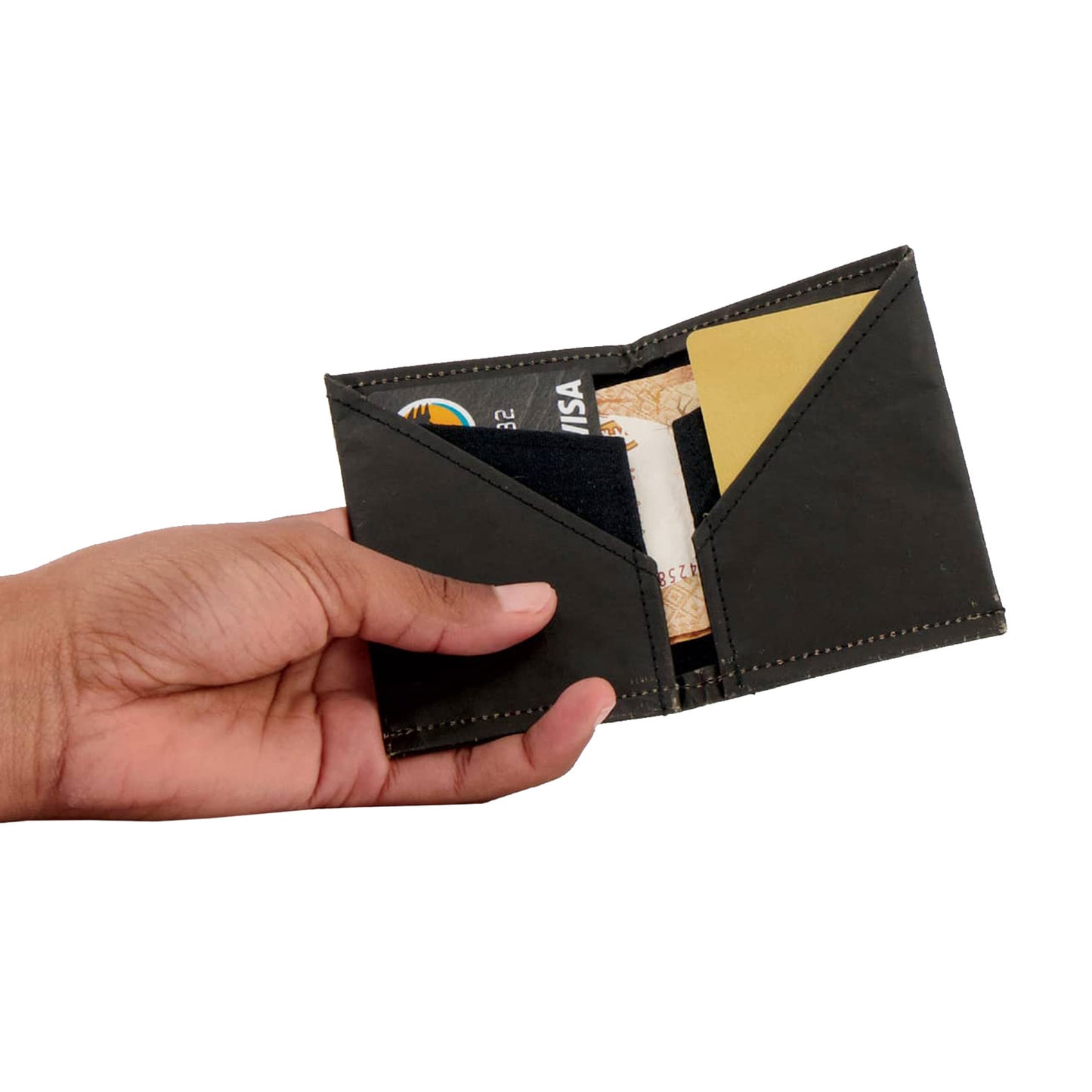 Portafoglio per carta di credito scuro in materiale recuperato 