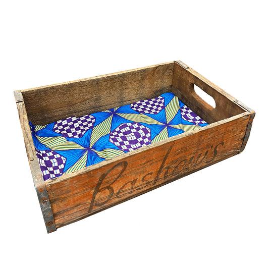 Cassetta con tessuto wax sudafricano blu oro e viola. Decorare la tua casa con oggetti sostenibili